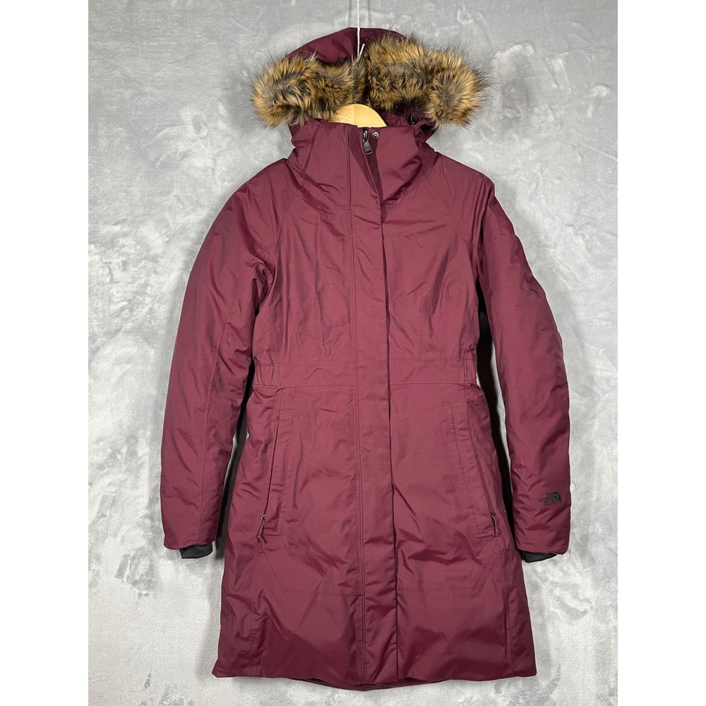 The North Face Arctic Parka Women XS Burgundy Down Long Puffer Jacket Faux Fur